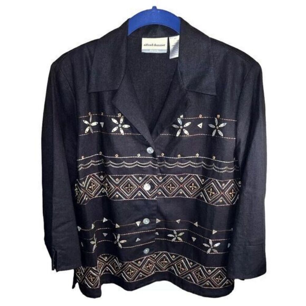 Alfred Dunner Women's 14P Black Linen Embroidered‎ Top Shirt Beads Abalone Boho